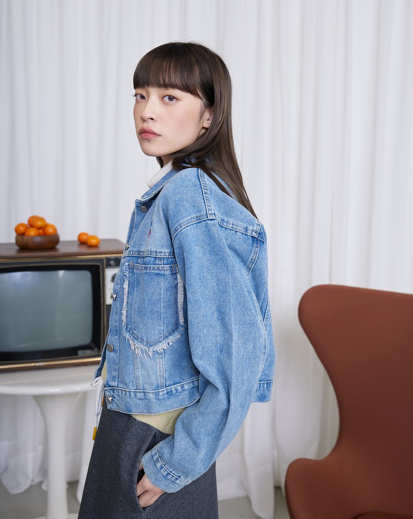 ◢gozo三次方抽鬚短版牛仔外套