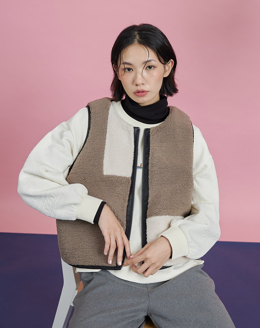 QQ泰迪毛雙面皮革拉鍊背心(兩色)