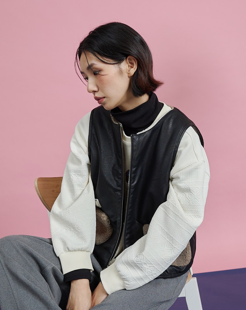 QQ泰迪毛雙面皮革拉鍊背心(兩色)