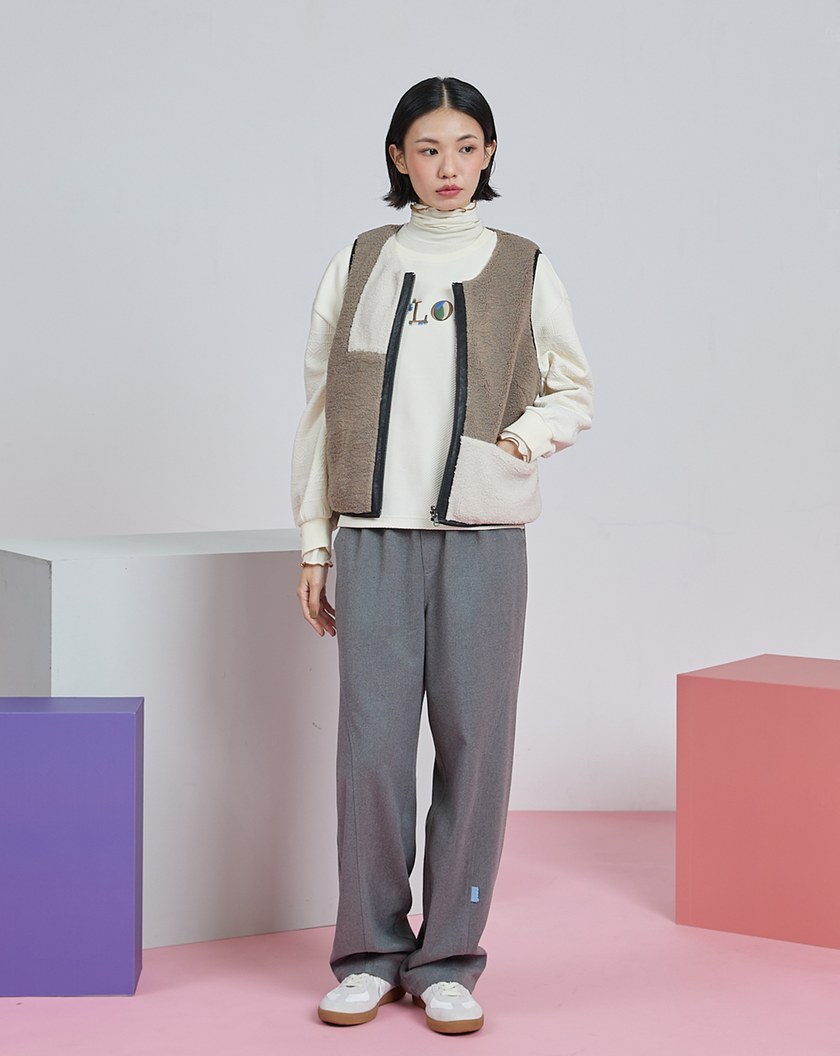 QQ泰迪毛雙面皮革拉鍊背心(兩色)