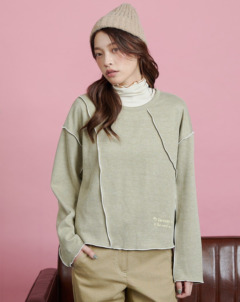 撞色密拷邊造型落肩長袖上衣(兩色)