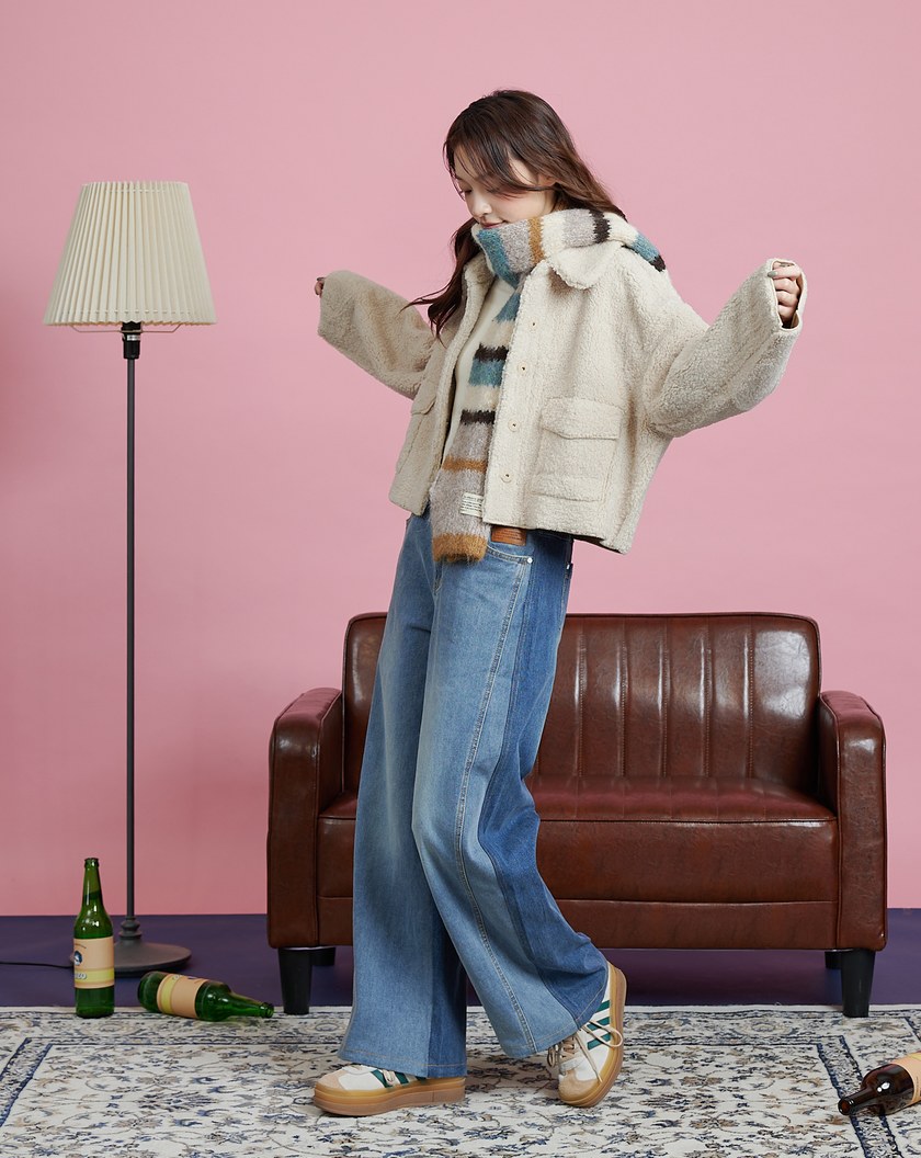 QQ毛翻領寬袖短版外套(兩色)