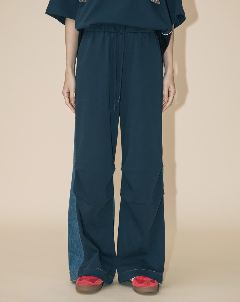 A|異材質拼接立體打褶抽繩牛仔寬褲(兩色)