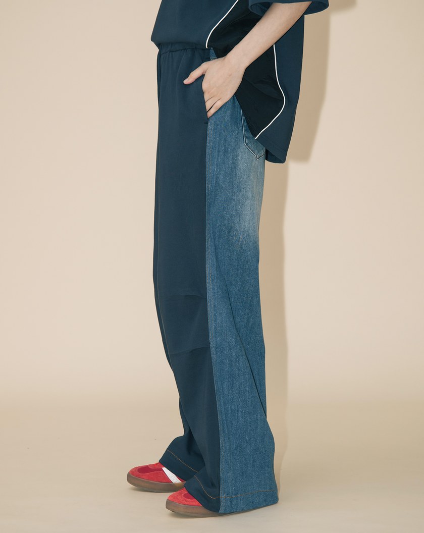 A|異材質拼接立體打褶抽繩牛仔寬褲(兩色)