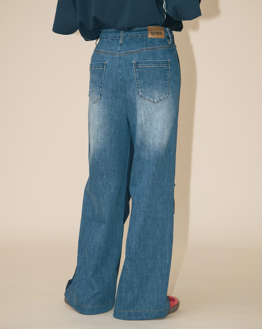 A|異材質拼接立體打褶抽繩牛仔寬褲(兩色)