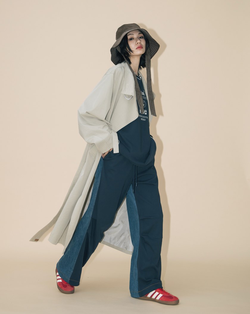 A|異材質拼接立體打褶抽繩牛仔寬褲(兩色)