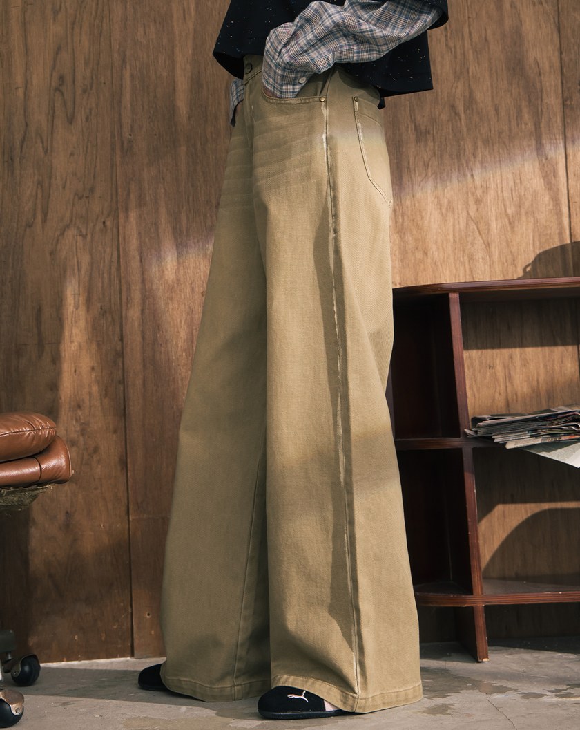 A｜復古風線條刷色水洗牛仔寬褲(兩色)