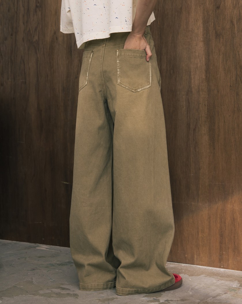 A｜復古風線條刷色水洗牛仔寬褲(兩色)