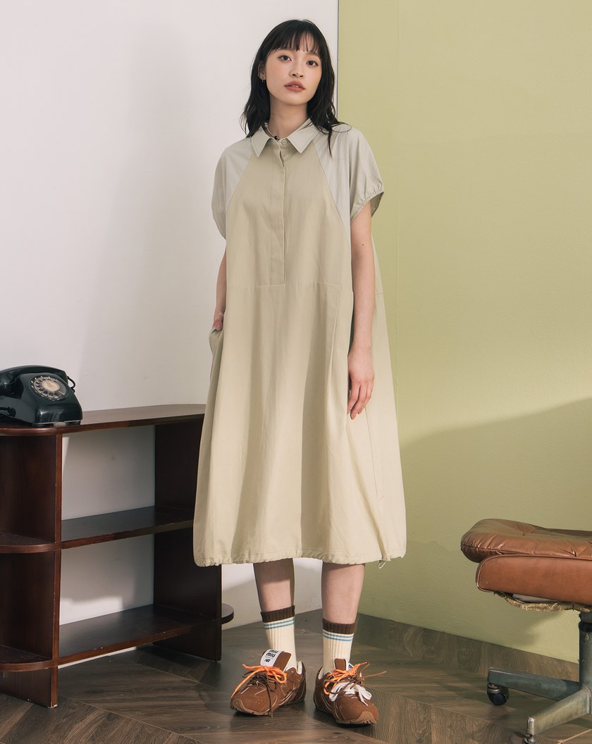 異材質拼接下擺抽繩短袖洋裝(兩色)