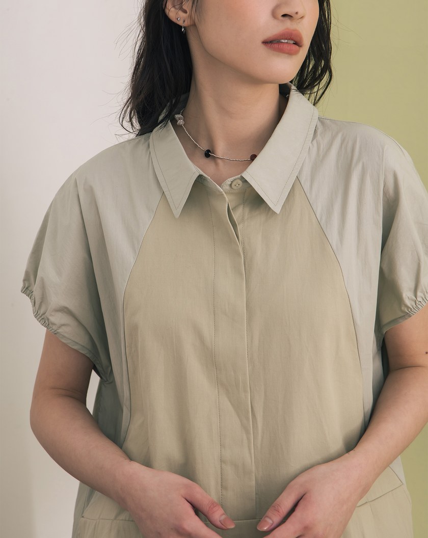 異材質拼接下擺抽繩短袖洋裝(兩色)