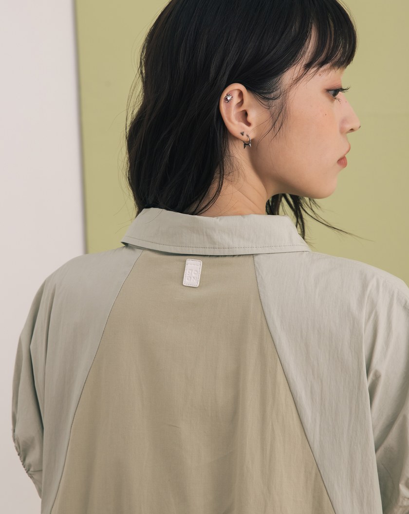 異材質拼接下擺抽繩短袖洋裝(兩色)