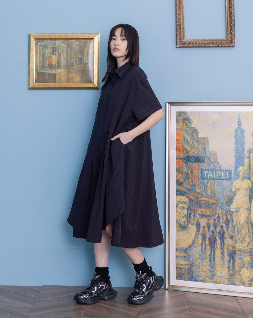 ➤條紋不對稱打褶下擺襯衫洋裝(兩色)