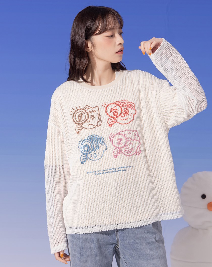 彩色人頭印花抗菌假兩件長袖T恤(兩色)