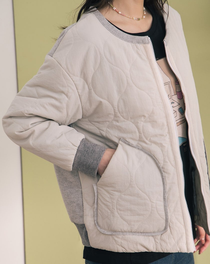 ➤發熱異材質拼接衍縫鋪棉拉鍊外套(兩色)