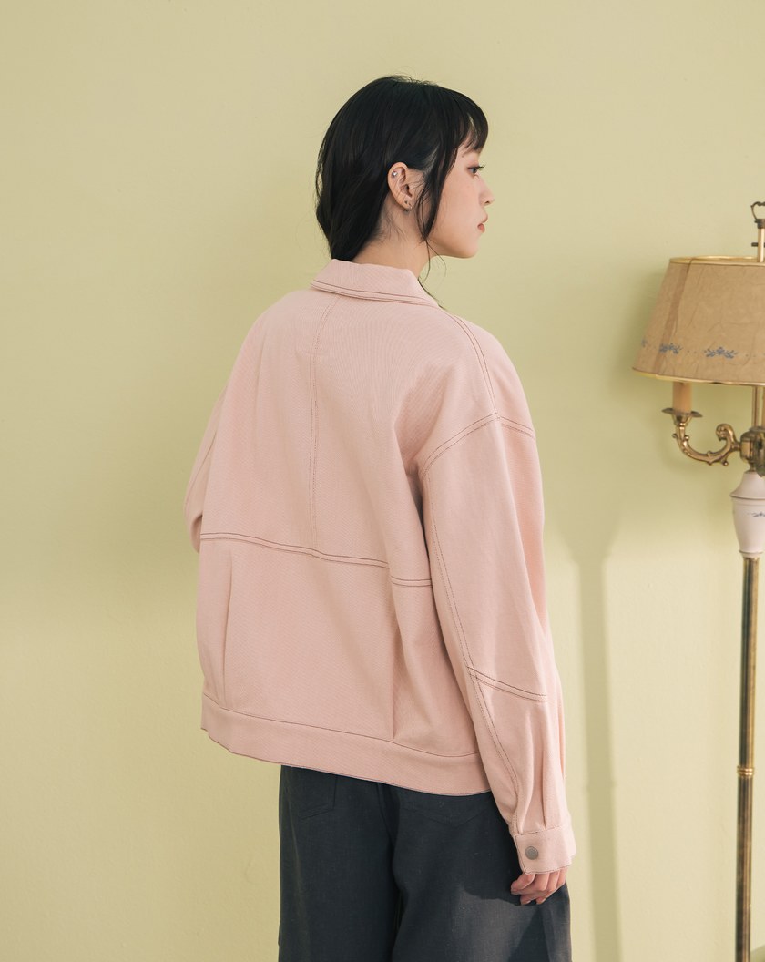 ➤配色壓線口袋撞色刺繡襯衫外套(兩色)