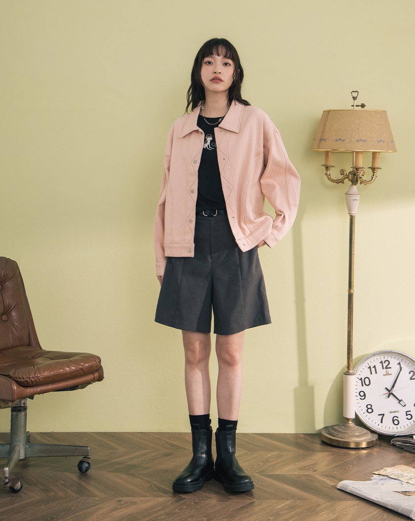 ➤配色壓線口袋撞色刺繡襯衫外套(兩色)