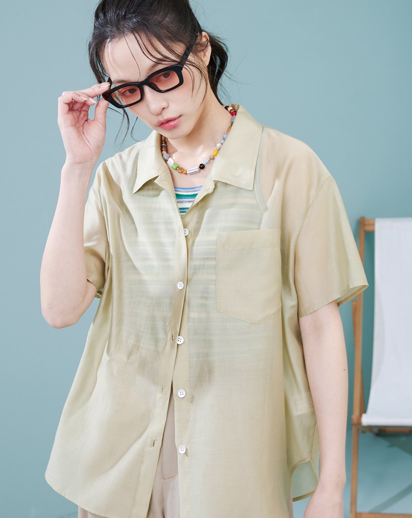 涼感天絲透膚繭型短袖襯衫(兩色)