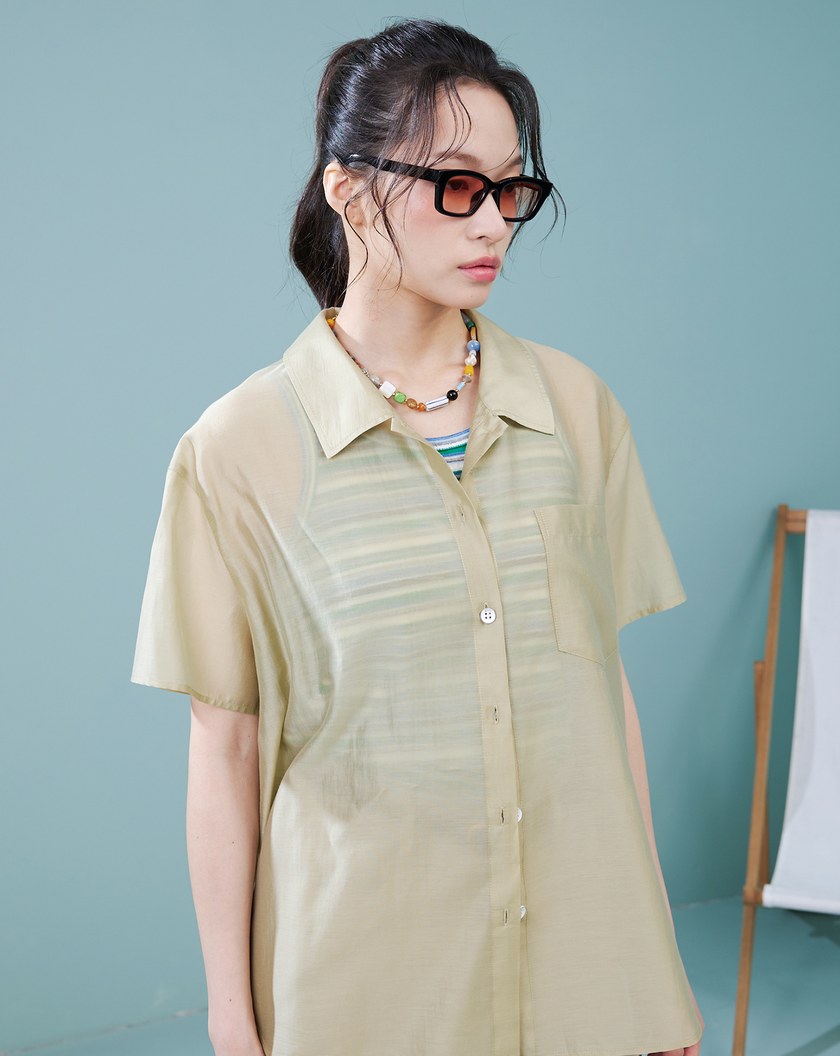涼感天絲透膚繭型短袖襯衫(兩色)