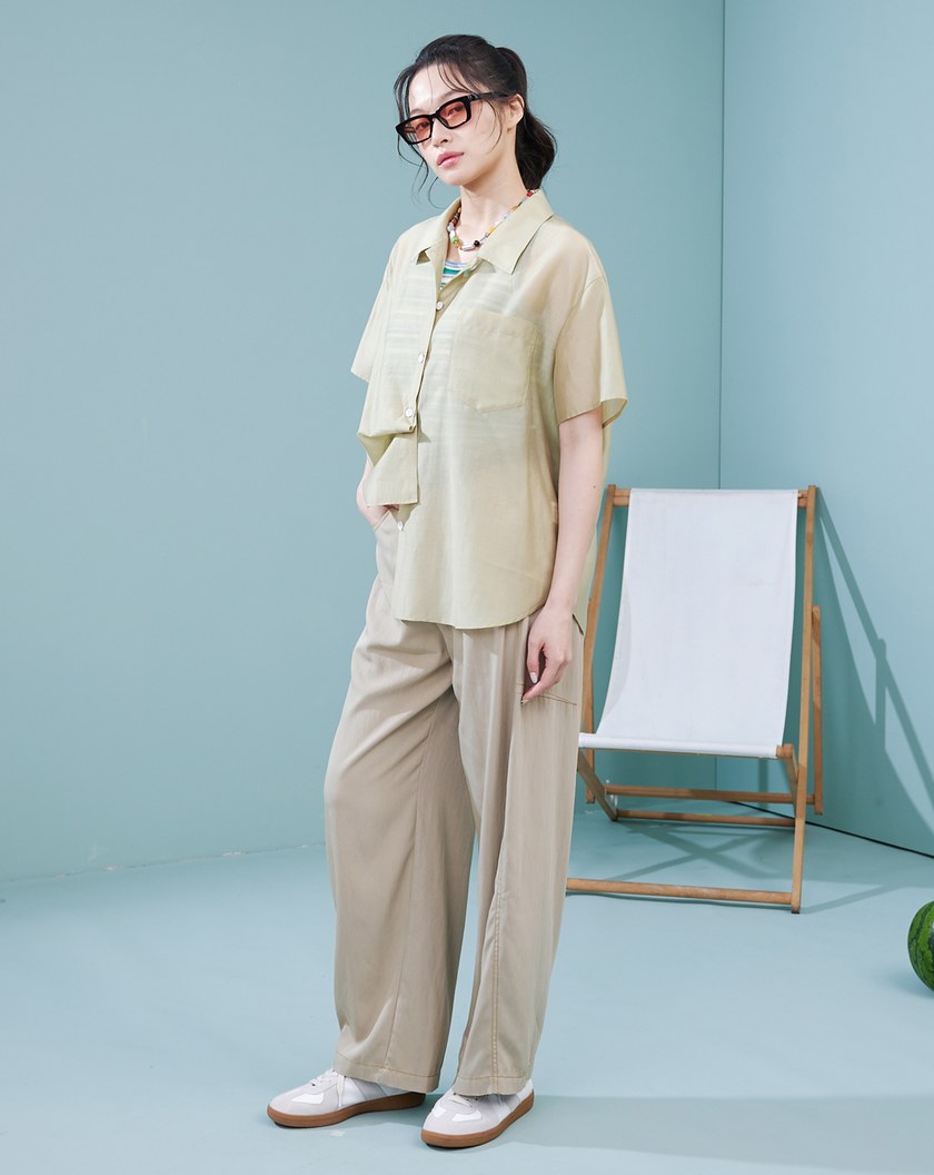 涼感天絲透膚繭型短袖襯衫(兩色)