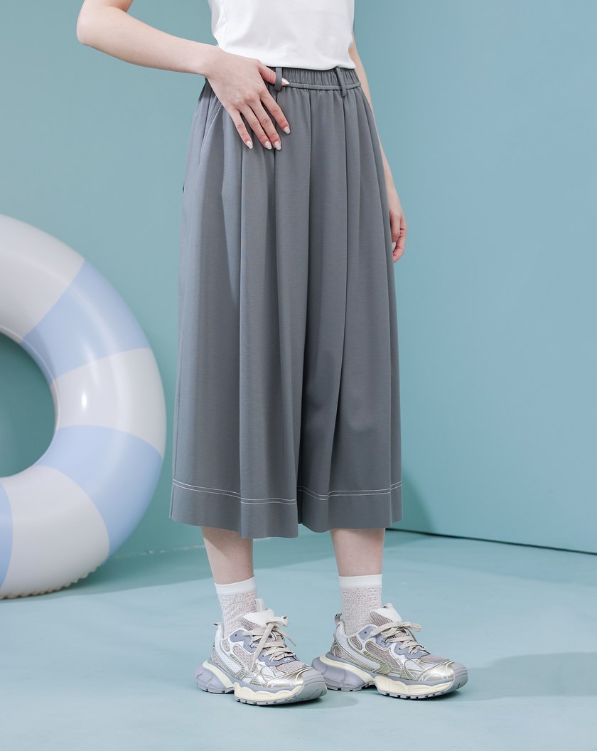 配色壓線彈力打褶8分褲裙(兩色)