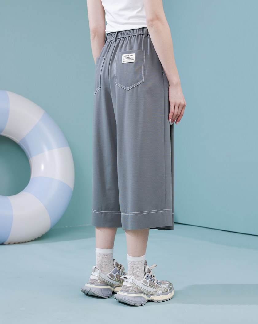 配色壓線彈力打褶8分褲裙(兩色)