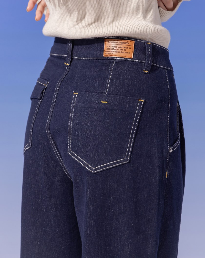 ◢3.0 零著感Q彈打褶牛仔寬褲(深藍)