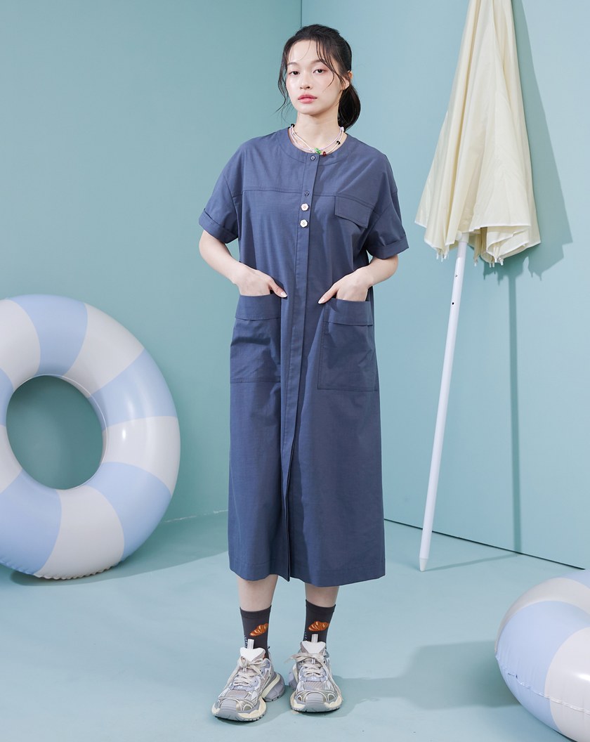 造型配色扣開襟直筒洋裝(兩色)