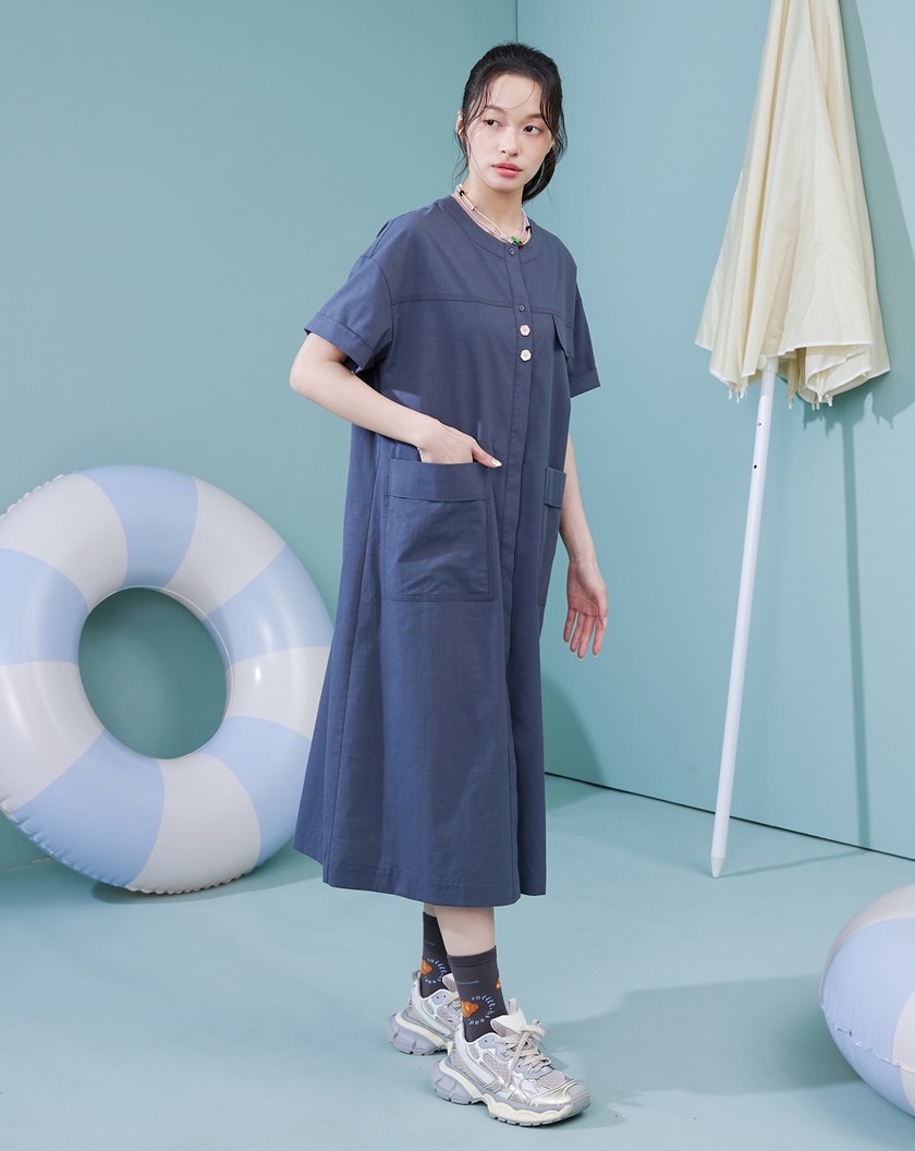 造型配色扣開襟直筒洋裝(兩色)