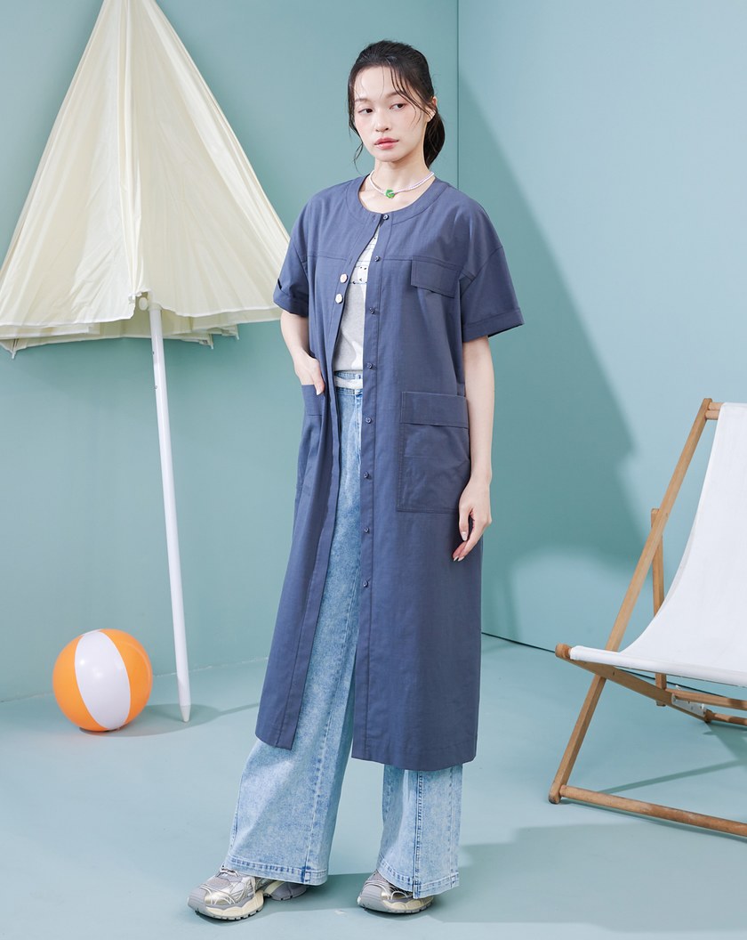 造型配色扣開襟直筒洋裝(兩色)