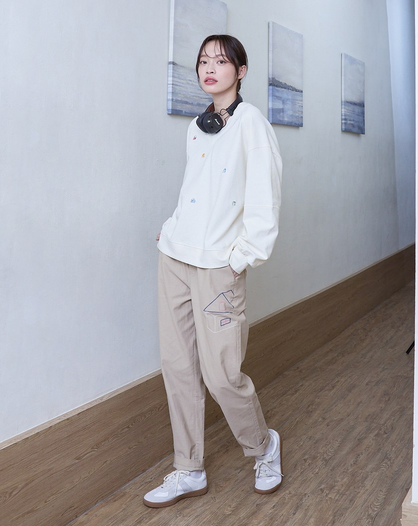 房子線條繡花鬆緊長褲(兩色)