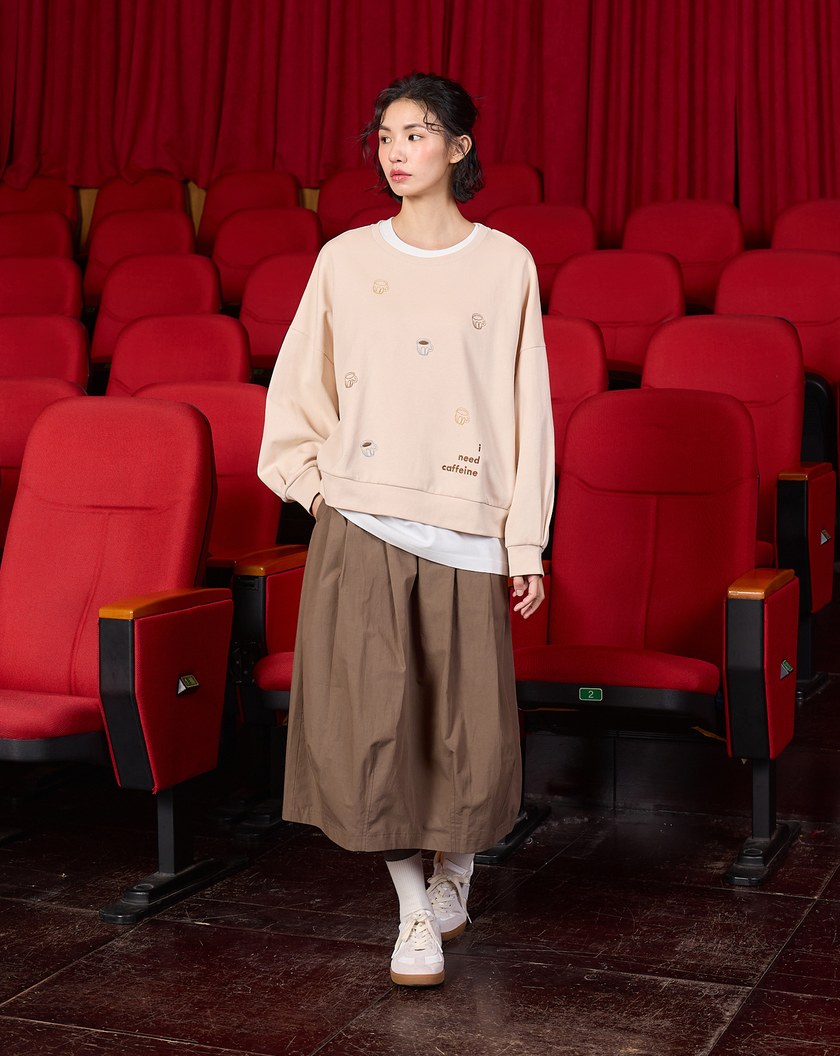 ➤咖啡繡花落肩寬鬆大學T(兩色)