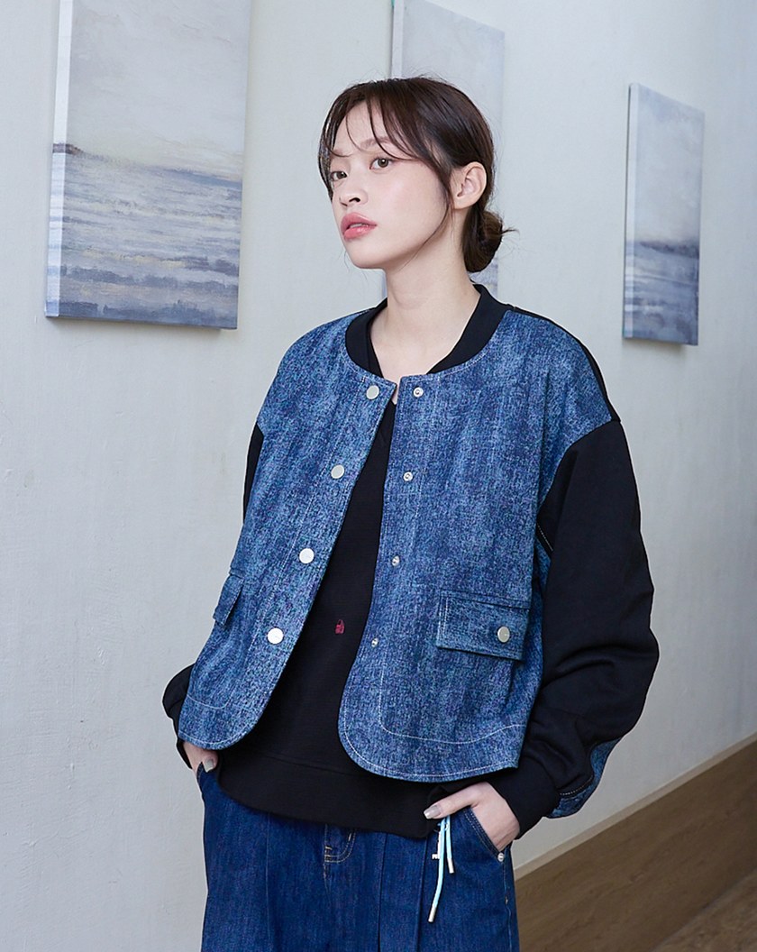 雪花牛仔拼接針織棒球外套(兩色)