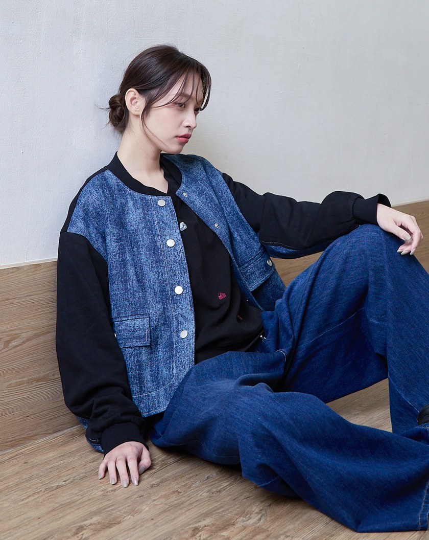 雪花牛仔拼接針織棒球外套(兩色)