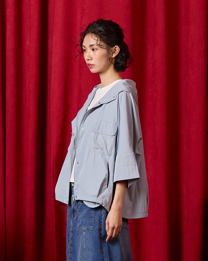 ➤下擺抽繩七分袖遮陽連帽外套(兩色)