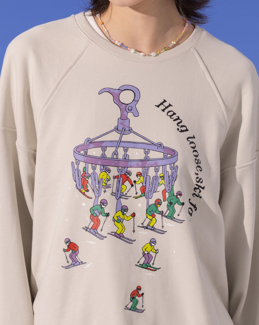 ➤發熱曬衣夾造型滑雪纜車印花大學T(兩色)