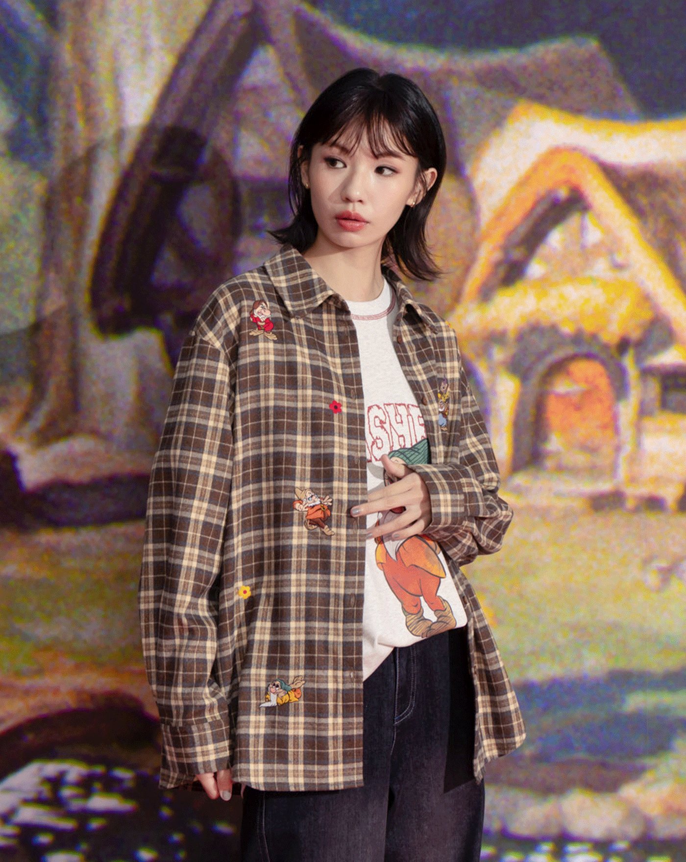 迪士尼系列 小矮人繡花復古格紋長袖襯衫(兩色)