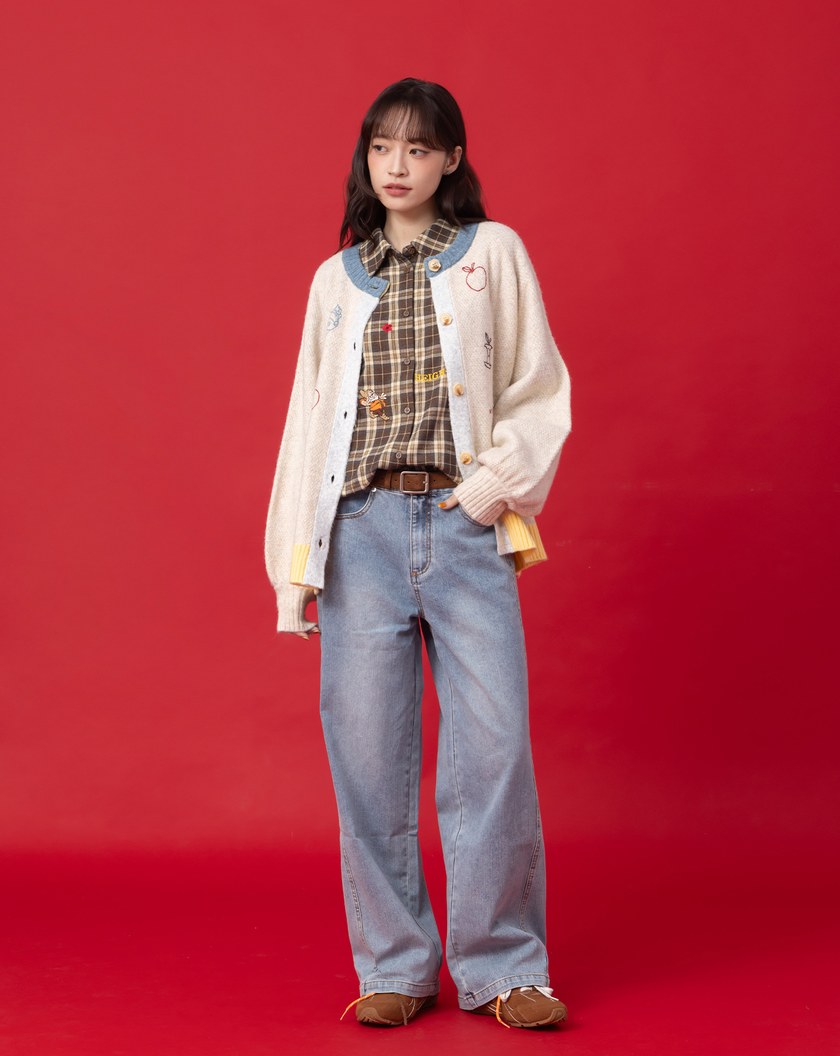 迪士尼系列 小矮人繡花復古格紋長袖襯衫(兩色)