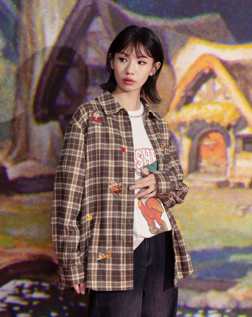 迪士尼系列 小矮人繡花復古格紋長袖襯衫(兩色)