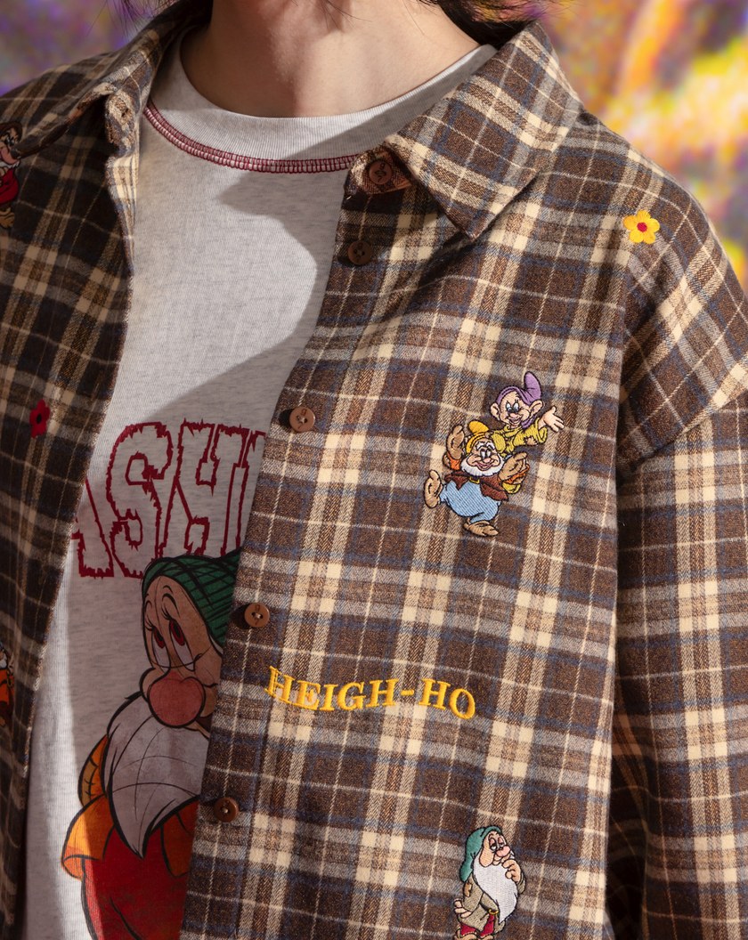 迪士尼系列 小矮人繡花復古格紋長袖襯衫(兩色)