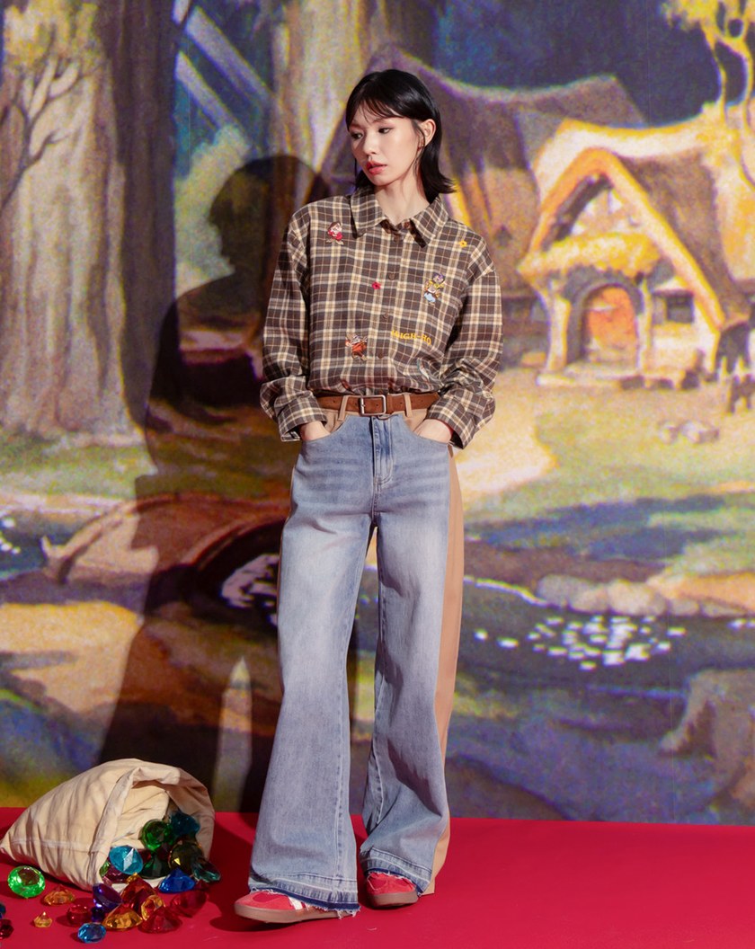 迪士尼系列 小矮人繡花復古格紋長袖襯衫(兩色)