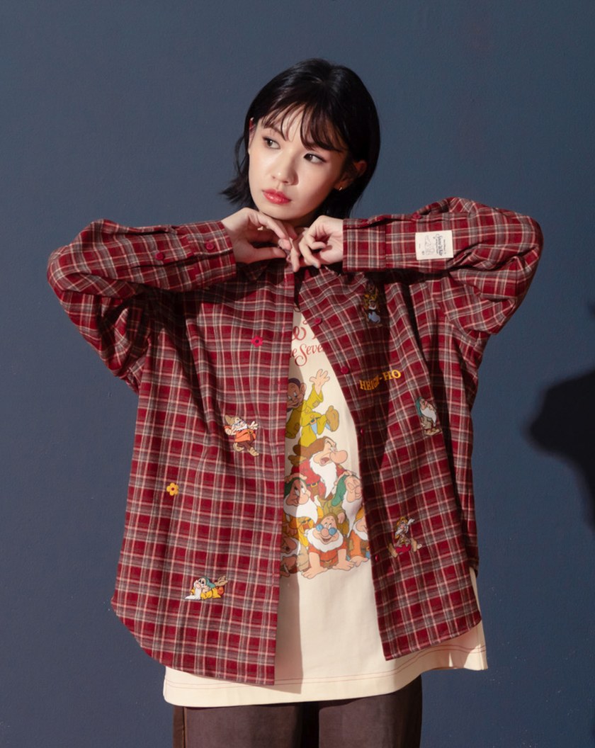 迪士尼系列 小矮人繡花復古格紋長袖襯衫(兩色)