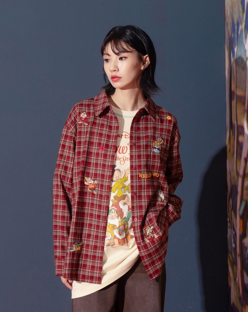 迪士尼系列 小矮人繡花復古格紋長袖襯衫(兩色)