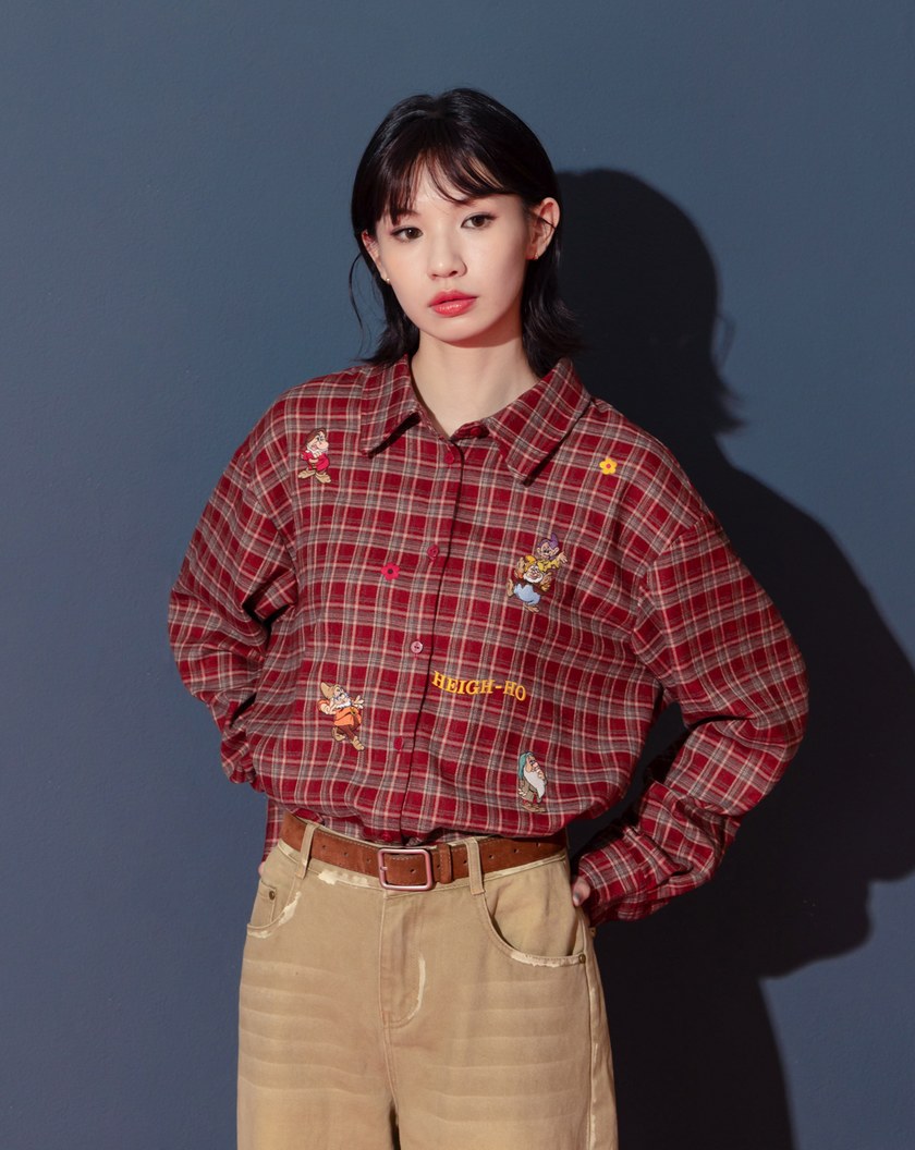 迪士尼系列 小矮人繡花復古格紋長袖襯衫(兩色)