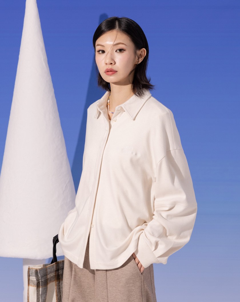 刺繡仿羊絨剪接長袖襯衫(兩色)