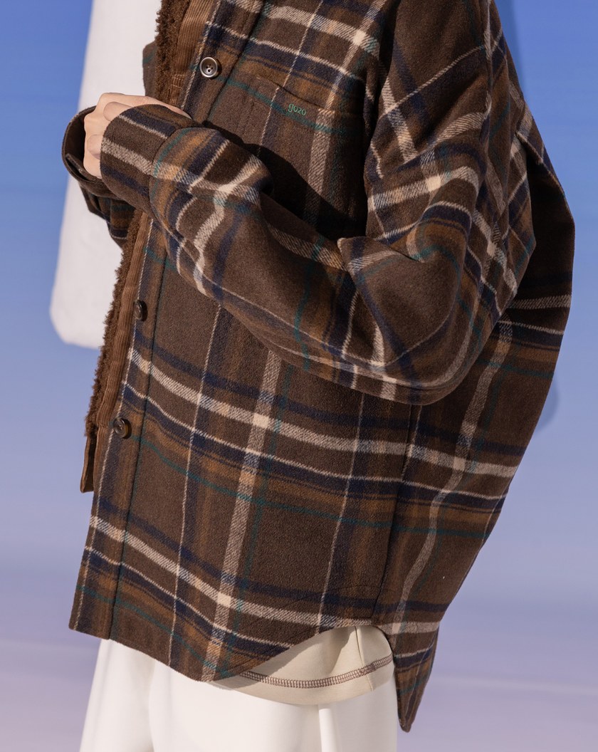 復古格紋毛呢長袖襯衫