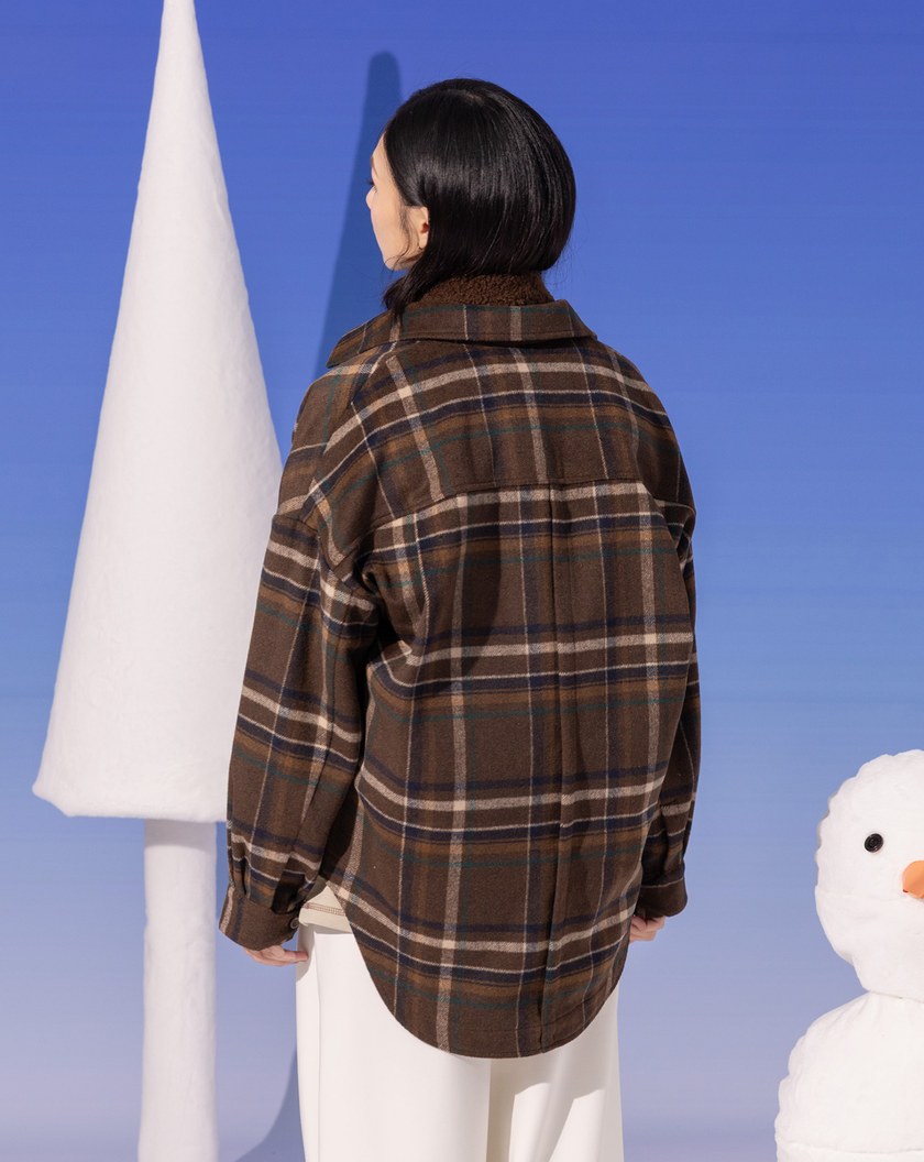 復古格紋毛呢長袖襯衫