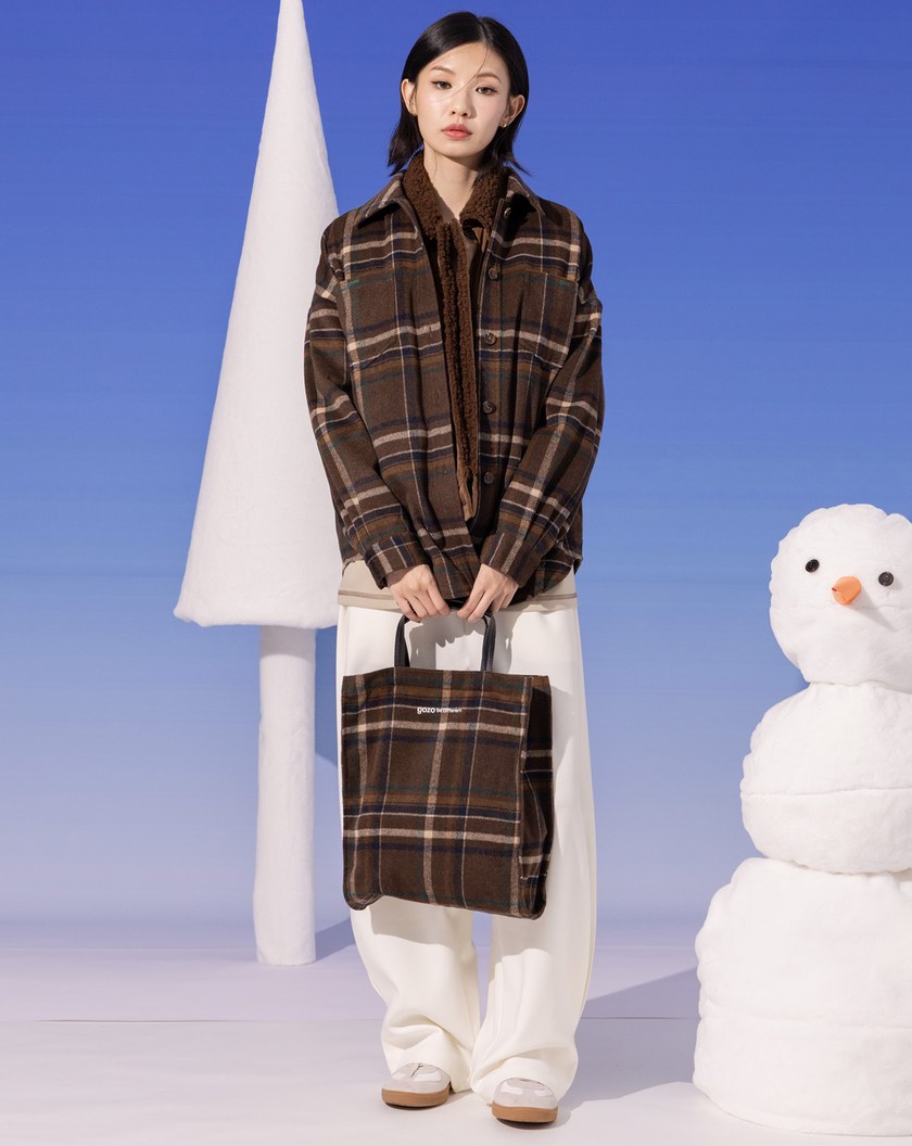 復古格紋毛呢長袖襯衫