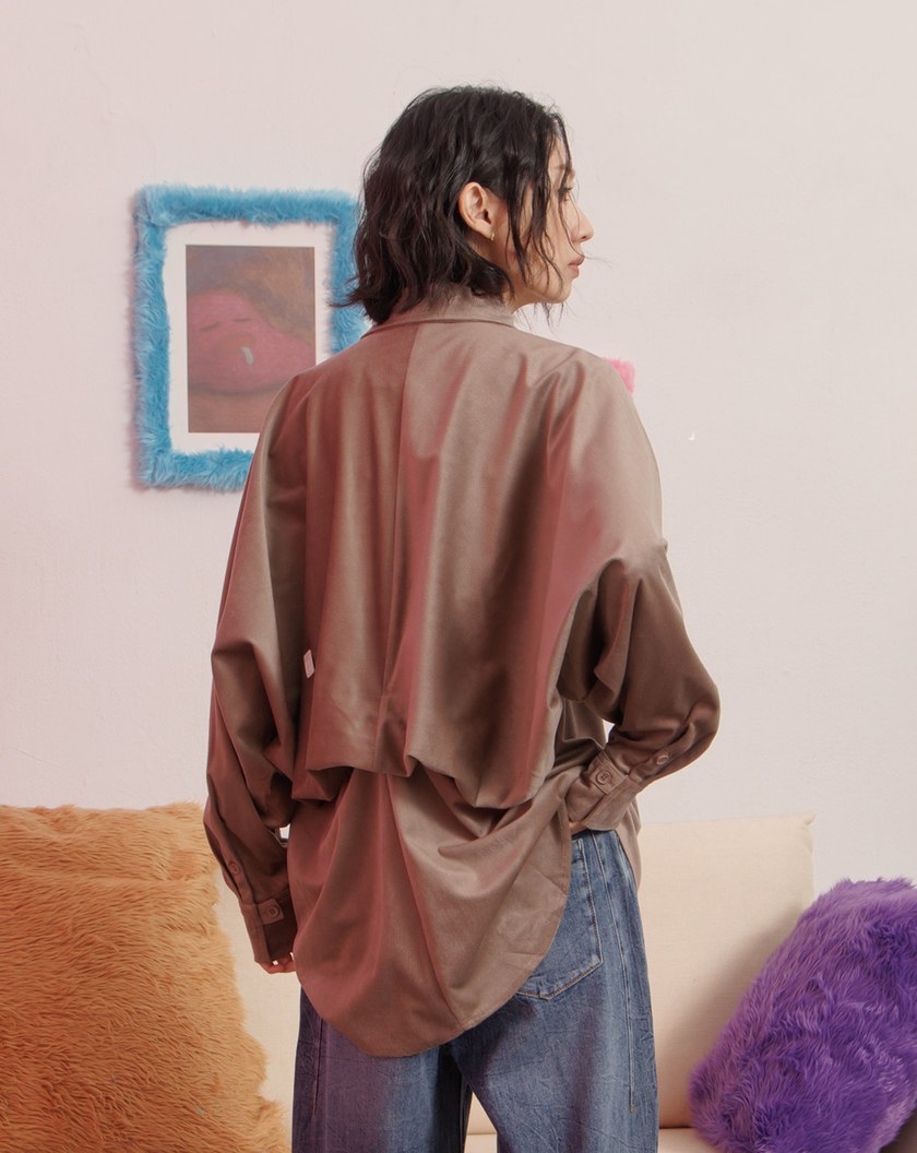 燈芯絨立體褶造型長袖襯衫