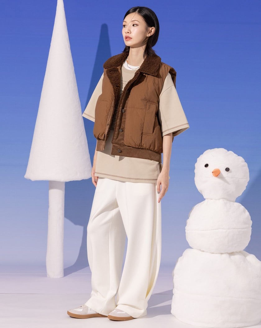 仿羊毛領條絨拼接鋪棉背心(兩色)