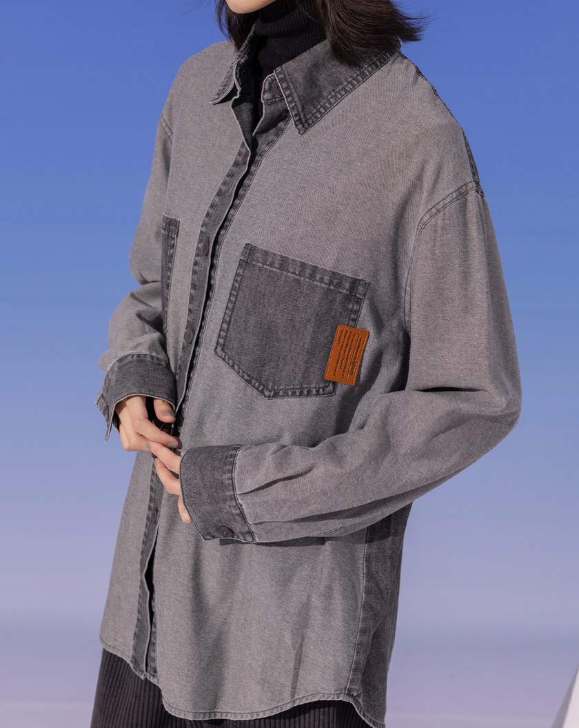 ➤水洗牛仔拼接長袖襯衫(兩色)